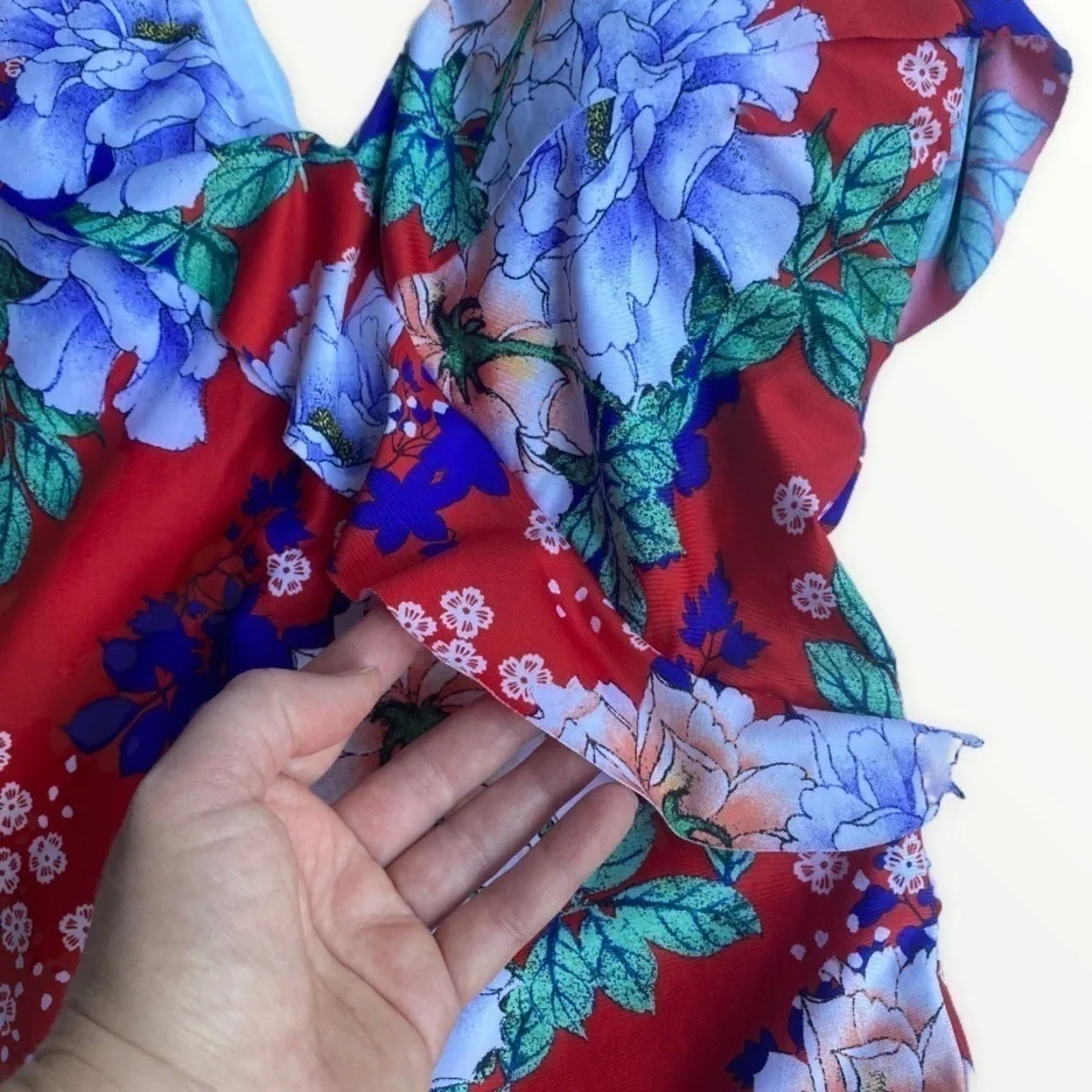 Cleanwater red multicolor floral print one piece halter ruffle bathing suit
